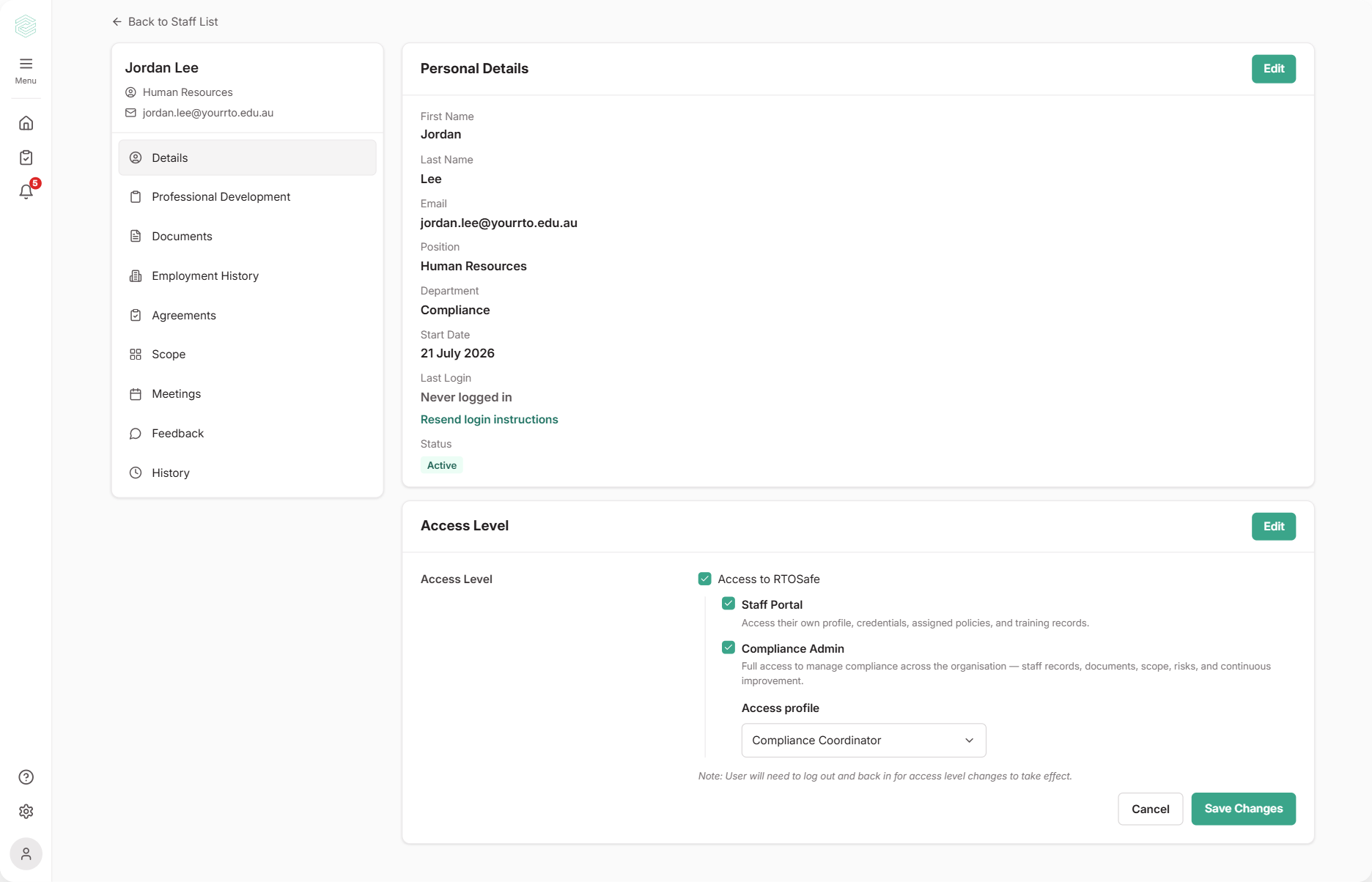 The Access Level section of a staff record in edit mode, with Access to RTOSafe, Staff Portal and Compliance Admin ticked and Compliance Coordinator selected in the Access profile list