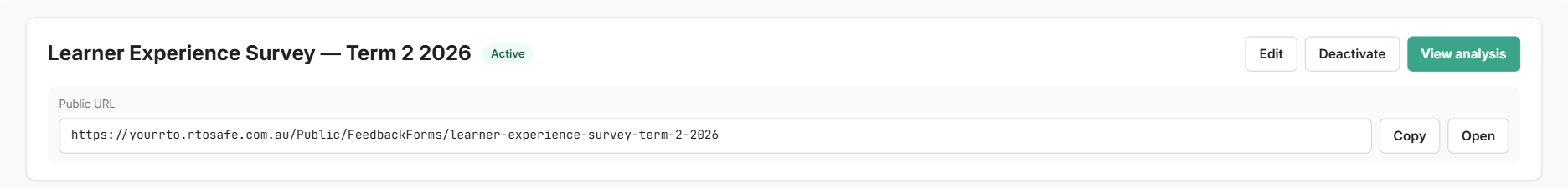 Active feedback form header showing the Public URL with Copy and Open buttons, alongside Edit, Deactivate and View analysis