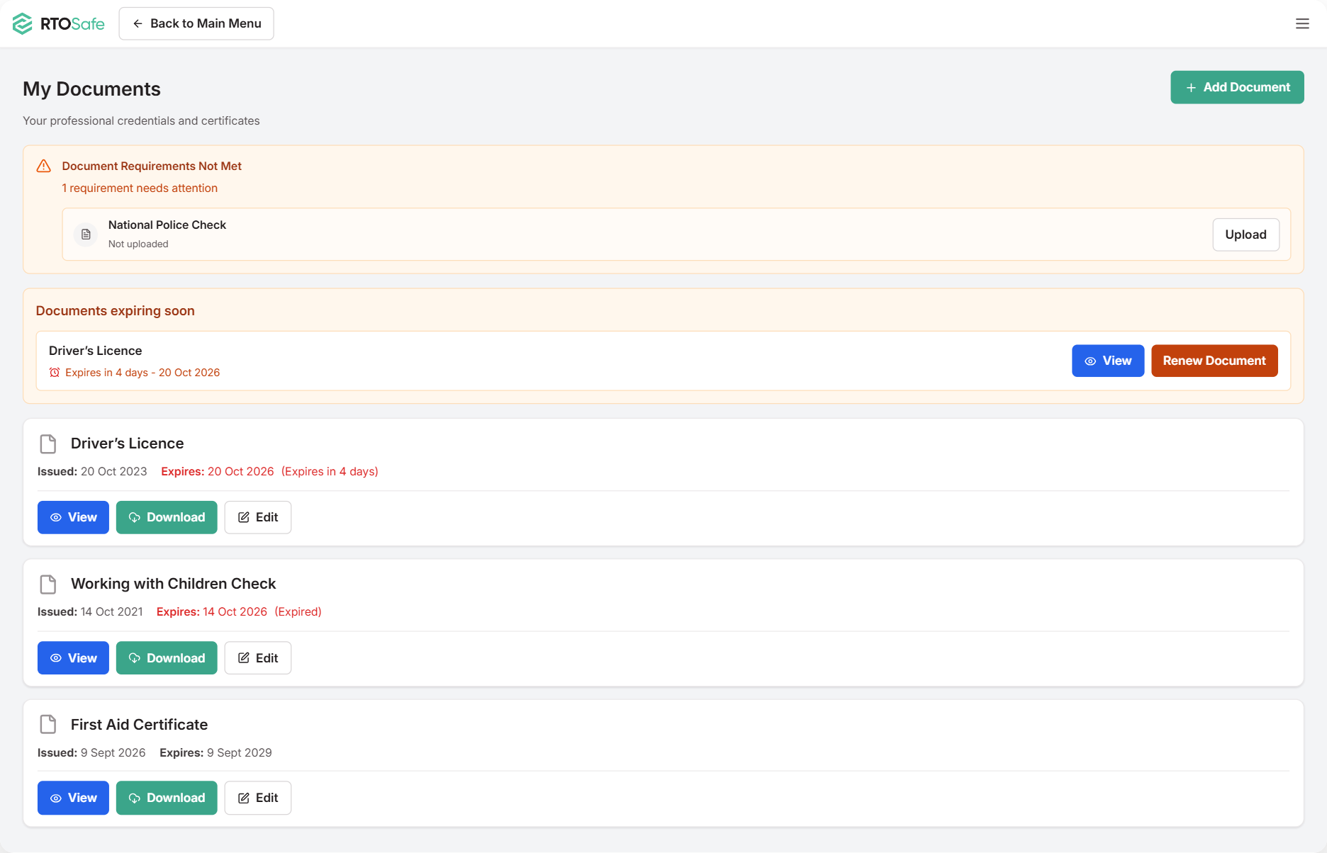 My Documents in the Staff Portal, showing a National Police Check requirement that has not been uploaded with an Upload button, a Documents expiring soon box with a Renew Document button for a driver's licence, and the staff member's documents with their issue and expiry dates