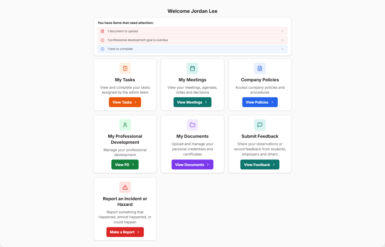 Staff Portal home screen showing cards for My Tasks, My Meetings, Company Policies, My Professional Development, My Documents, Submit Feedback, and Report an Incident or Hazard