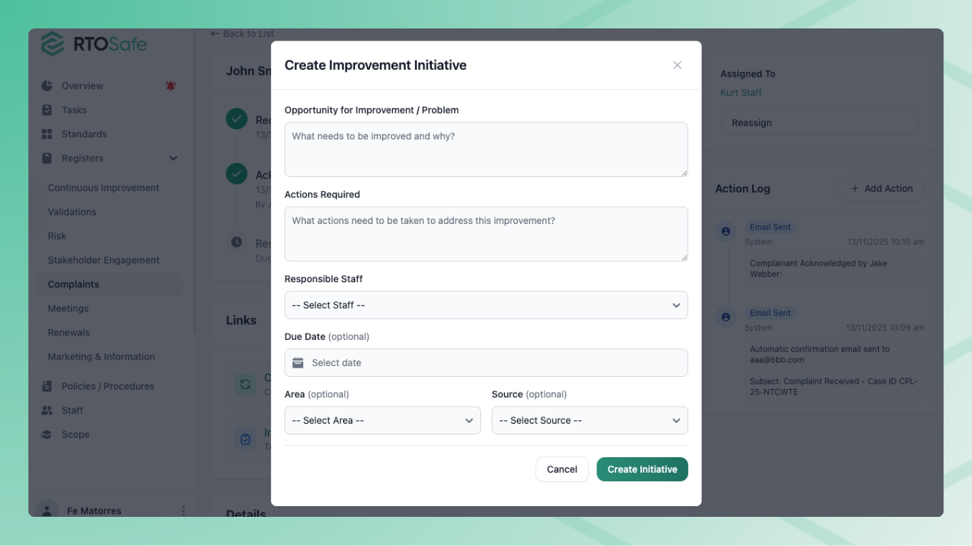 Linking a complaint to continuous improvement in RTOSafe